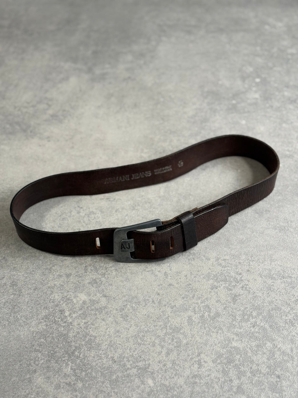 Vintage Armani Jeans 100% Leather Metal Spellout Buckle Belt