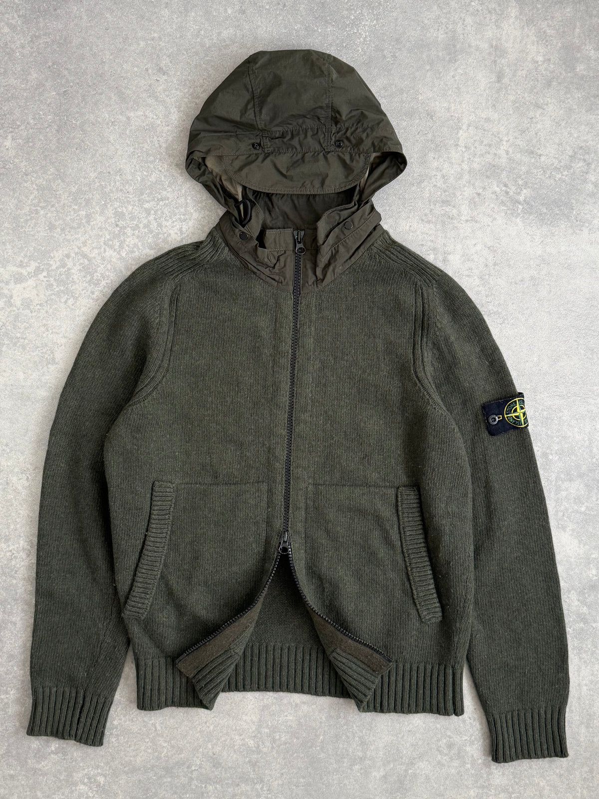 Stone Island Khaki Knit Nylon Hoodie Zip Up