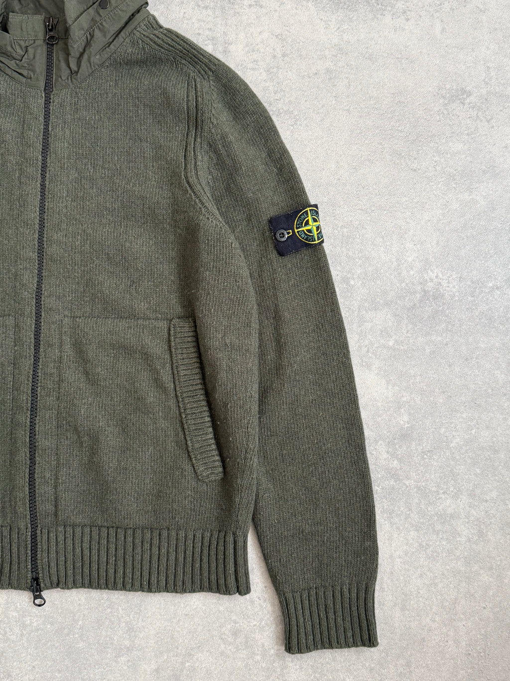 Stone Island Khaki Knit Nylon Hoodie Zip Up