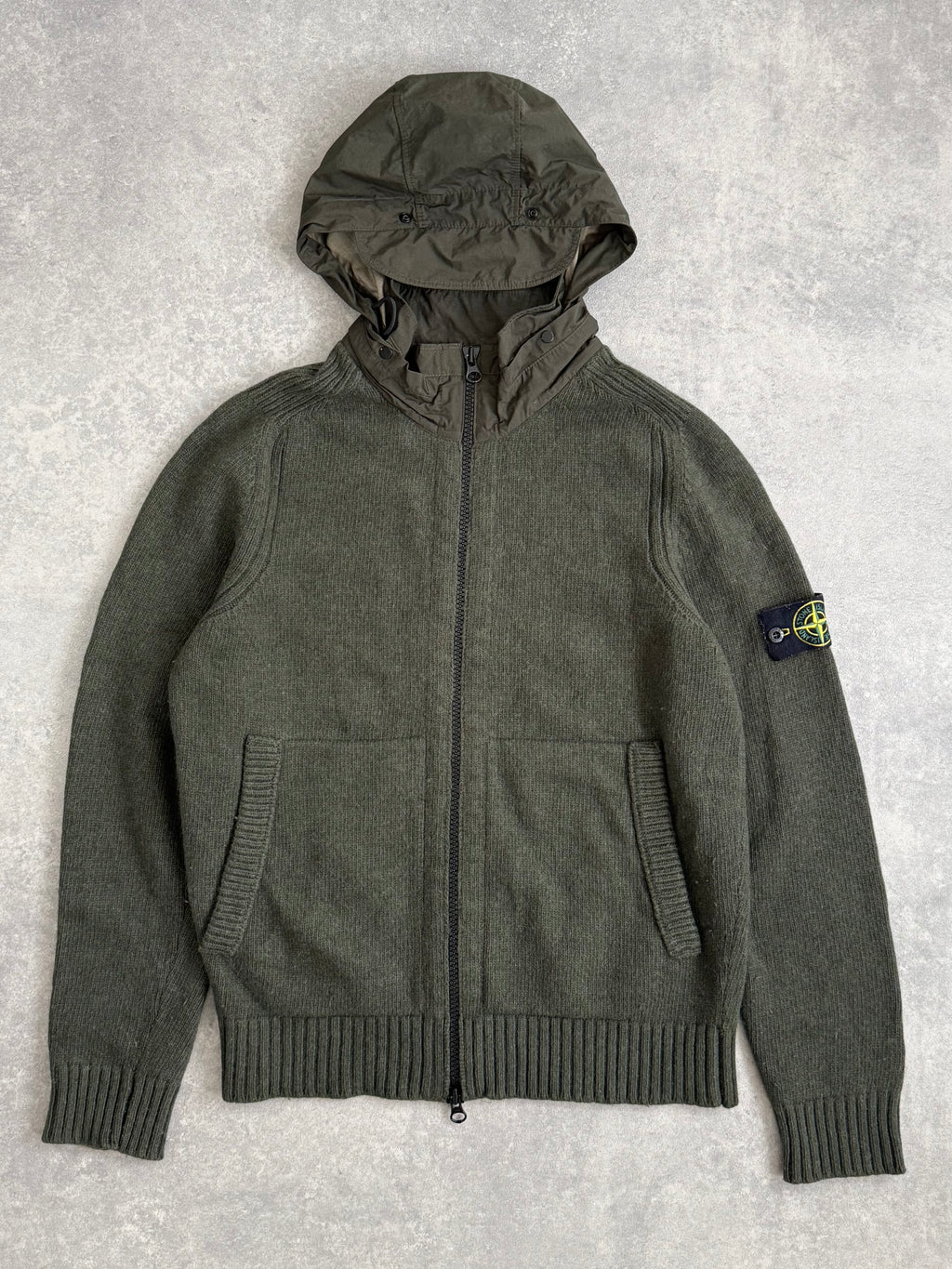 Stone Island Khaki Knit Nylon Hoodie Zip Up