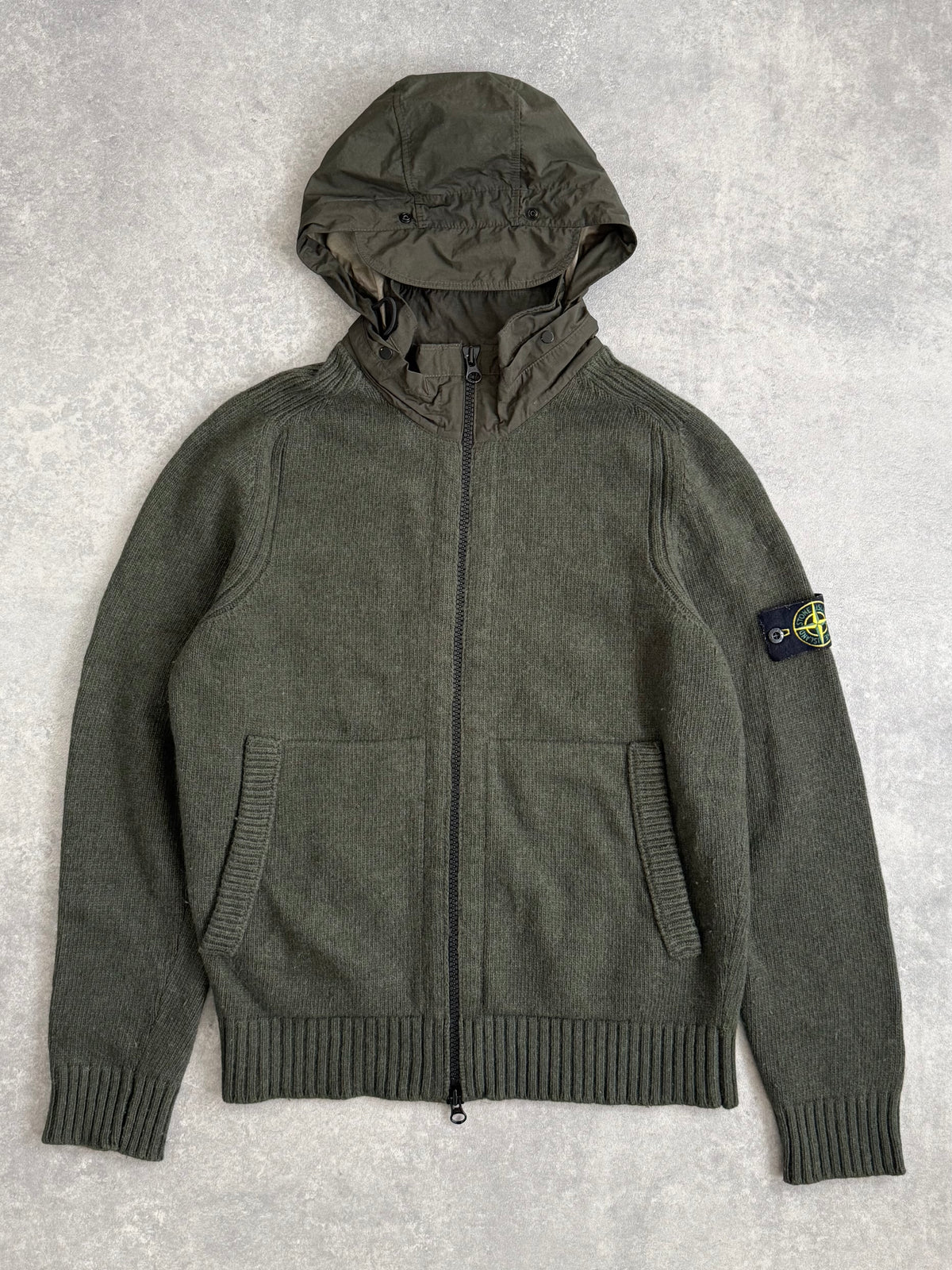 Stone Island Khaki Knit Nylon Hoodie Zip Up