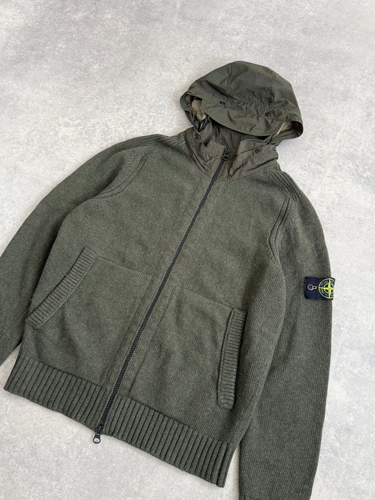 Stone Island Khaki Knit Nylon Hoodie Zip Up